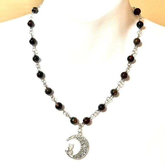 Genuine Dark Brown Agate Necklace, Natural Gemstone & Cat on the Moon Pendant - Picture 2 of 15